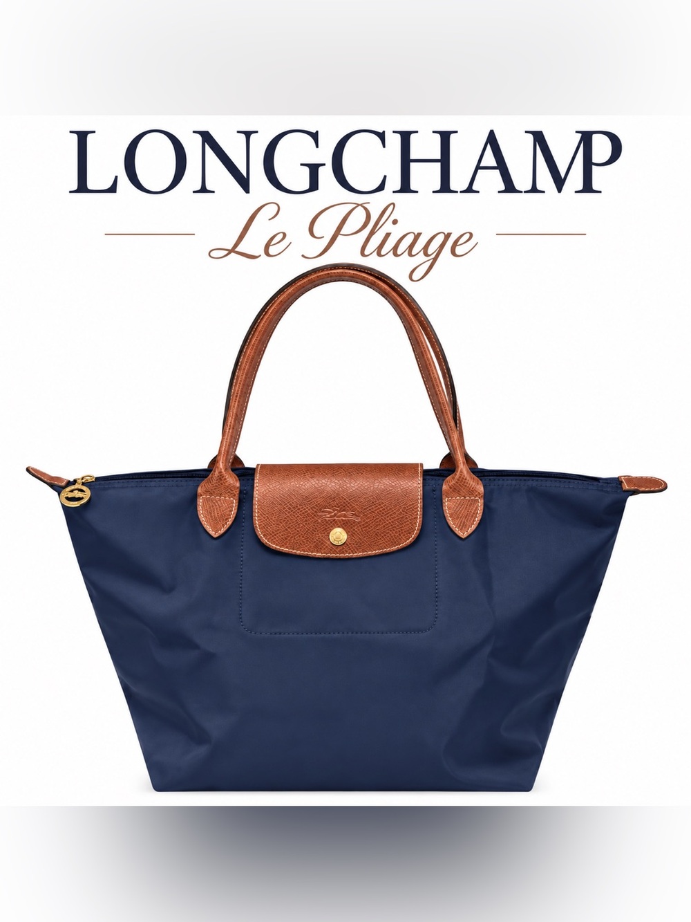 Longchamp Le Pliage Large Navy Blue Nylon Brown Leather Long Handle Tote Bag